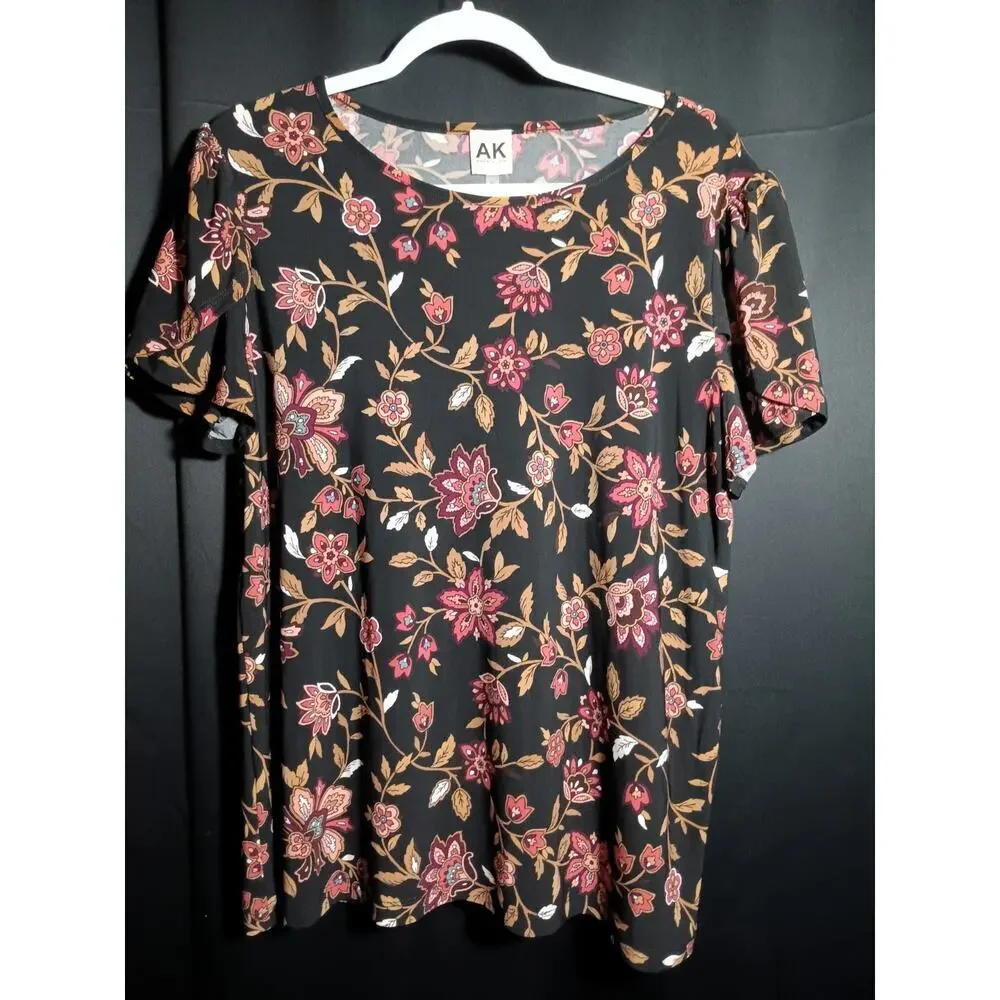 NWT Anne Klein Plus 0X Black Floral Chianti Rose Stretch Knit T-Shirt Top - Picture 1 of 5